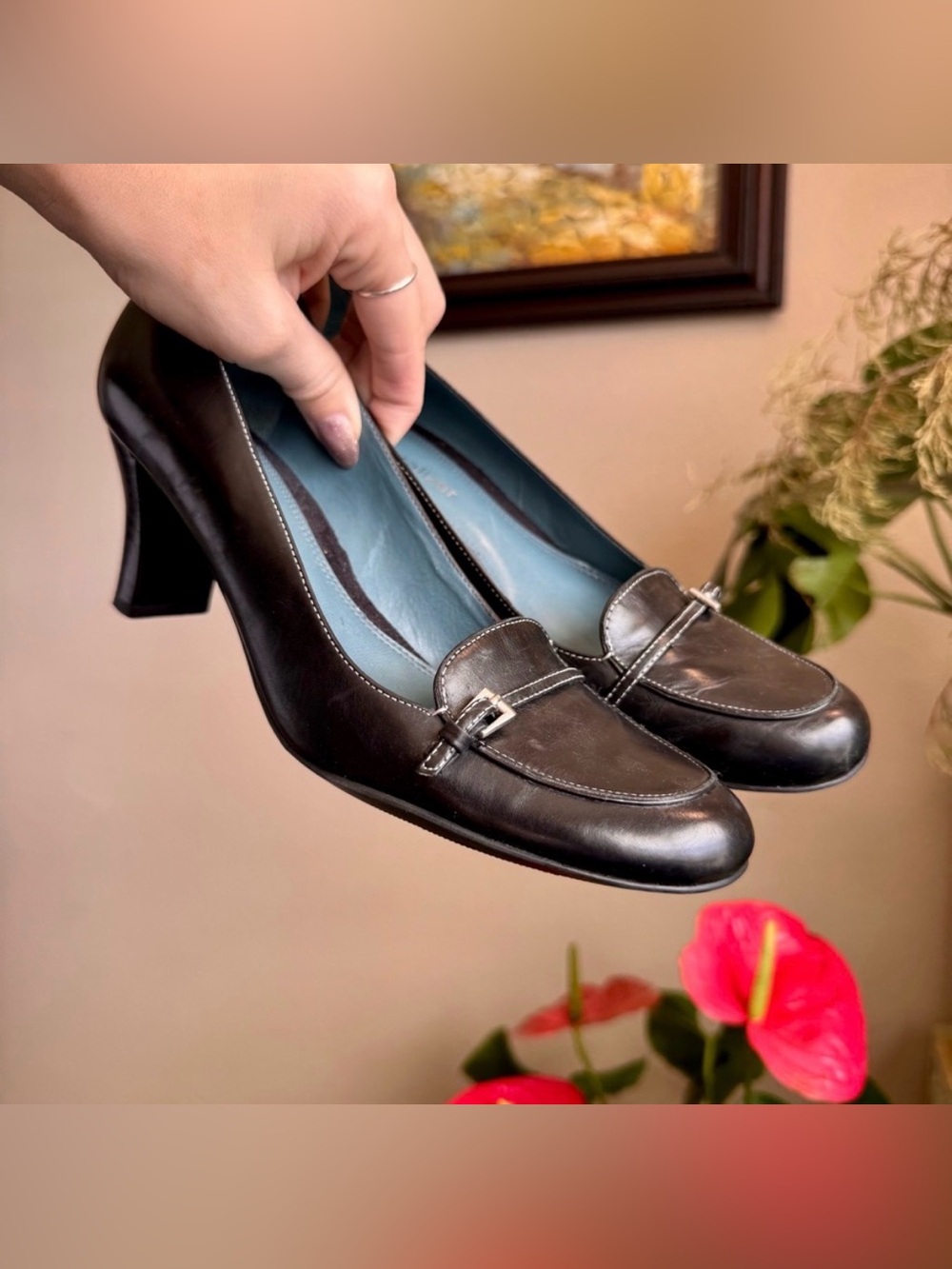 Vintage Black Leather Buckle Heels 7 Narrow